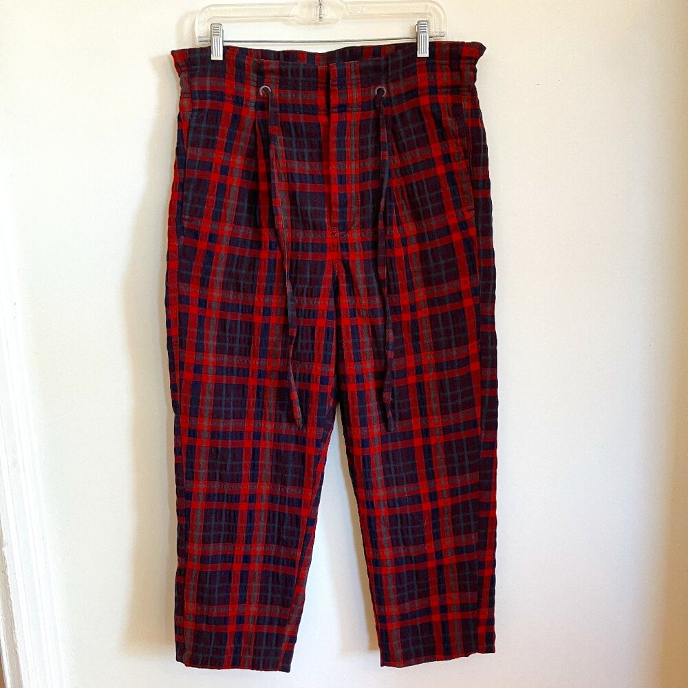 Free People Cropped "Here & There" Red Plaid High-Rise Paperbag Trouser Pants